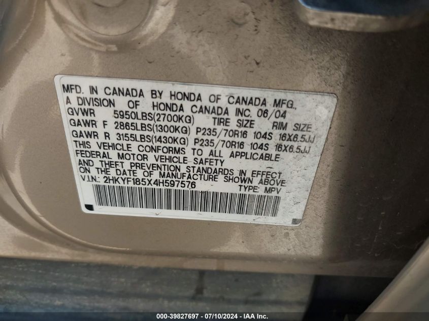 2004 Honda Pilot Ex-L VIN: 2HKYF185X4H597576 Lot: 39827697