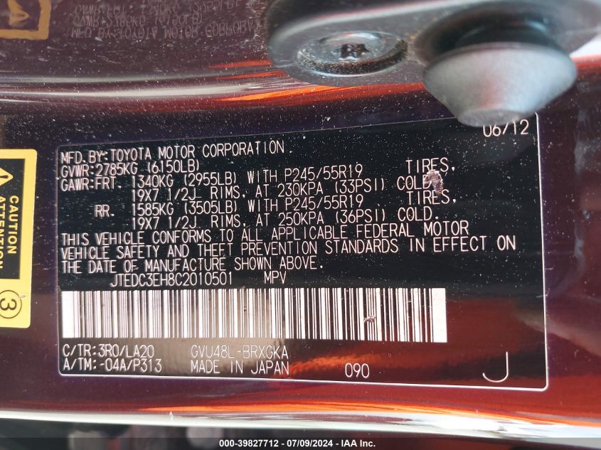 2012 Toyota Highlander Hybrid Limited V6 VIN: JTEDC3EH8C2010501 Lot: 39827712