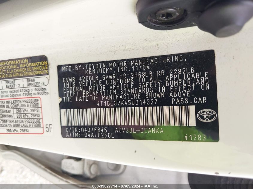 2005 Toyota Camry Le/Xle/Se VIN: 4T1BE32K45U014327 Lot: 39827714