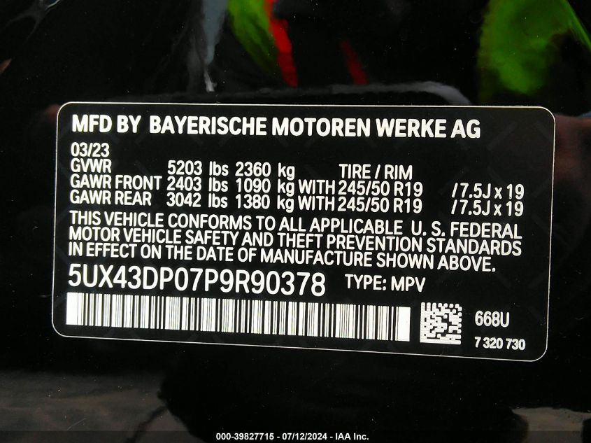 2023 BMW X3 Sdrive30I VIN: 5UX43DP07P9R90378 Lot: 39827715