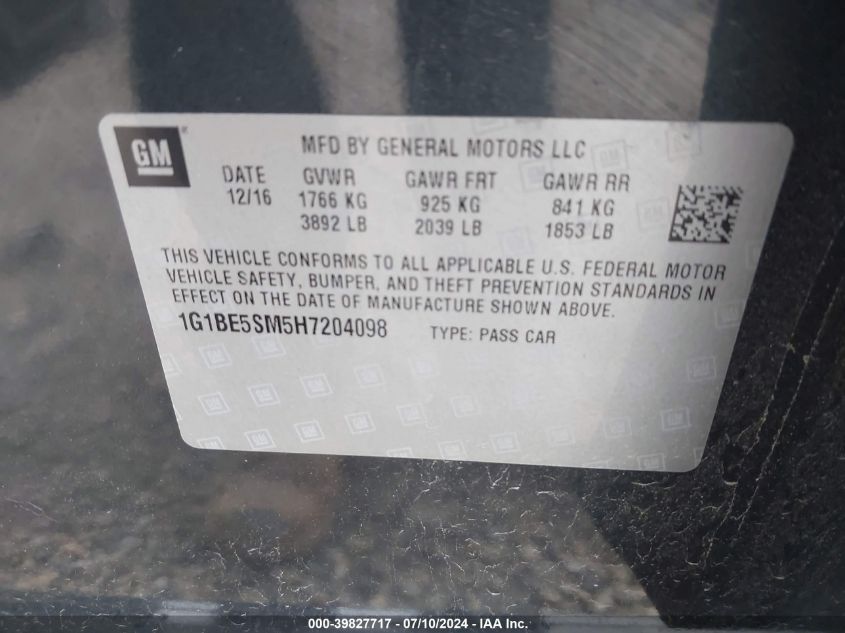2017 Chevrolet Cruze Lt VIN: 1G1BE5SM5H7204098 Lot: 39827717