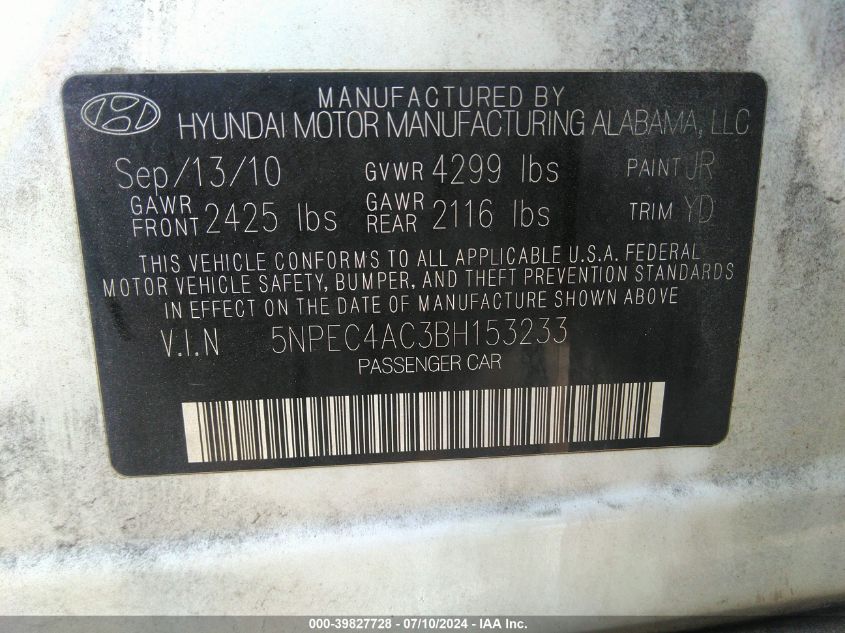 5NPEC4AC3BH153233 2011 Hyundai Sonata Limited