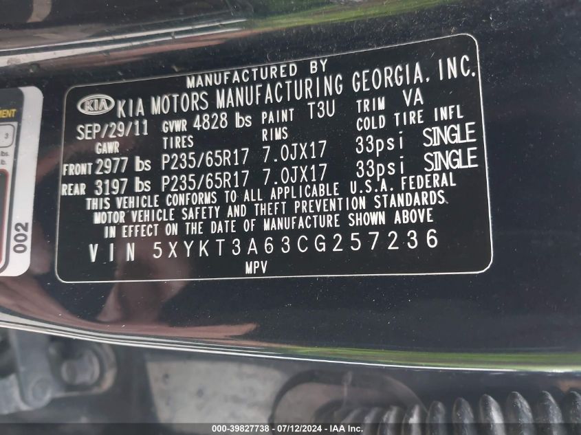 2012 Kia Sorento Lx VIN: 5XYKT3A63CG257236 Lot: 39827738