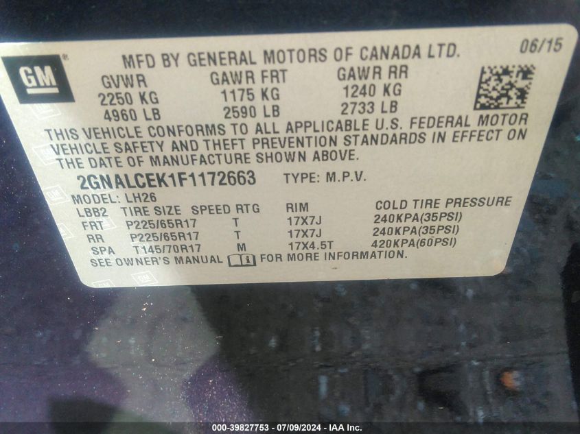 2015 Chevrolet Equinox 2Lt VIN: 2GNALCEK1F1172663 Lot: 39827753