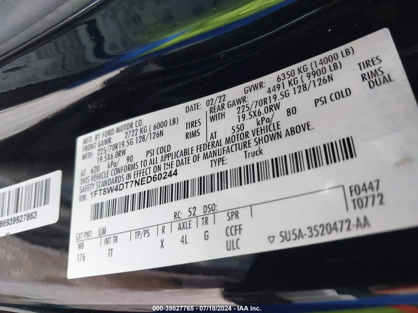 2022 FORD F450 (VIN: 1FT8W4DT7NED60244