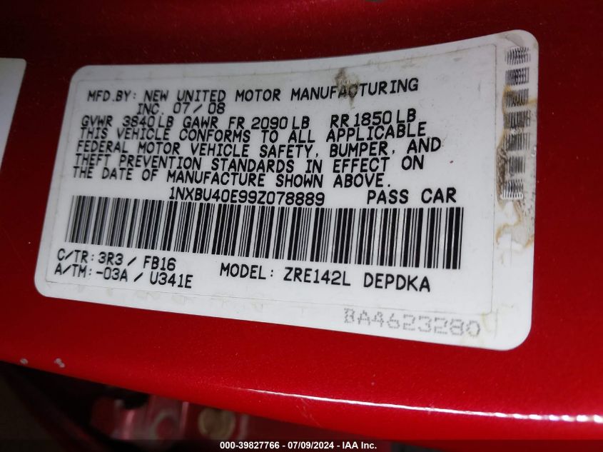 2009 Toyota Corolla S/Le/Xle VIN: 1NXBU40E99Z078889 Lot: 39827766