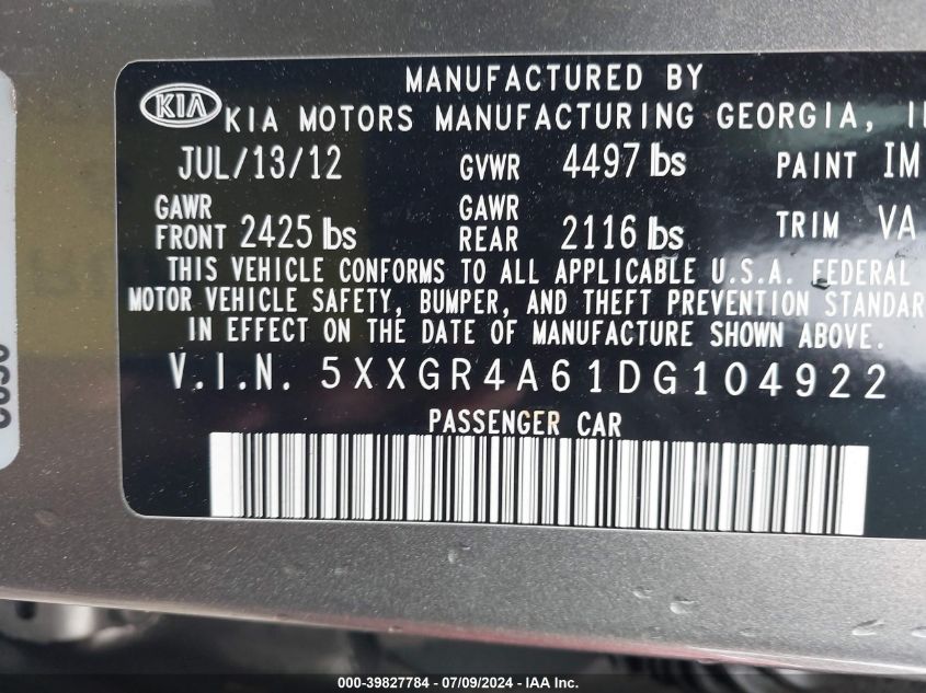 2013 KIA OPTIMA SX - 5XXGR4A61DG104922