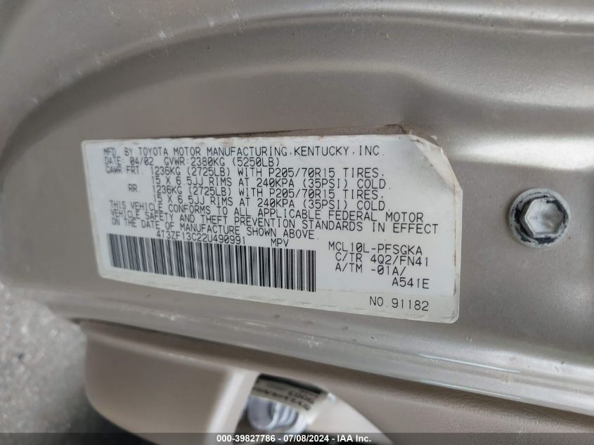 2002 Toyota Sienna Le VIN: 4T3ZF13C22U490991 Lot: 39827786