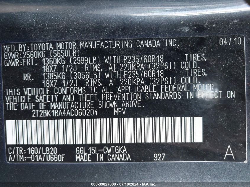 2010 Lexus Rx 350 350 VIN: 2T2BK1BA4AC060204 Lot: 39827800