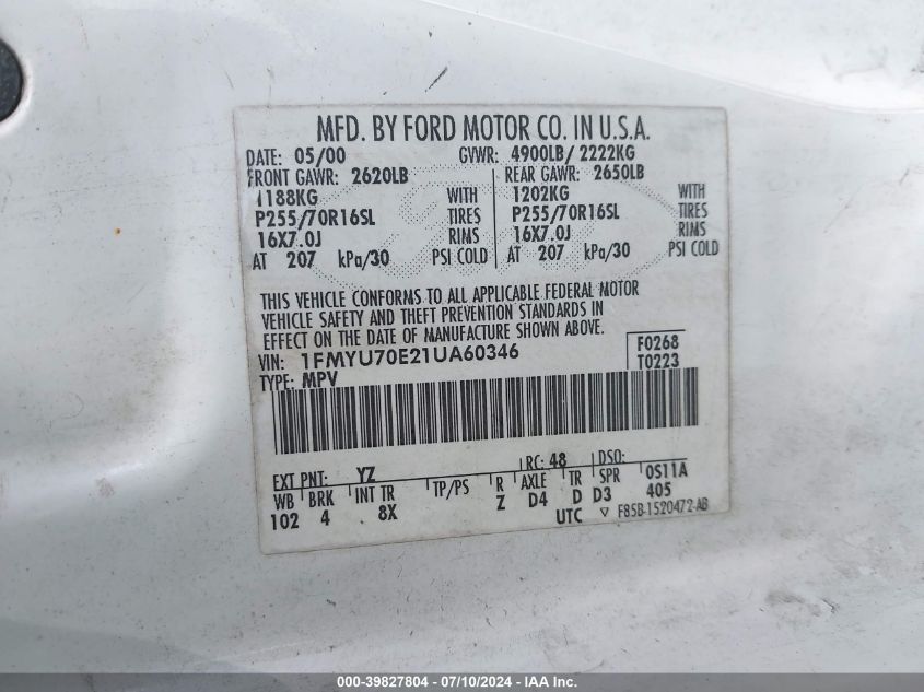 2001 Ford Explorer Sport VIN: 1FMYU70E21UA60346 Lot: 39827804