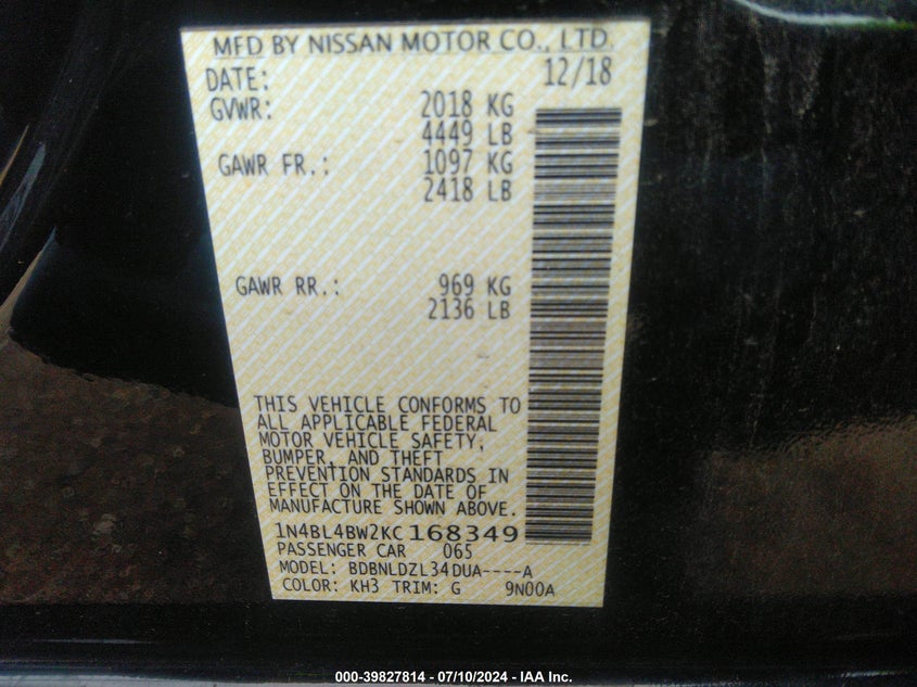 VIN 1N4BL4BW2KC168349 2019 NISSAN ALTIMA 2.5 S