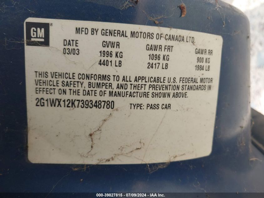 2003 Chevrolet Monte Carlo Ss VIN: 2G1WX12K739348780 Lot: 39827815