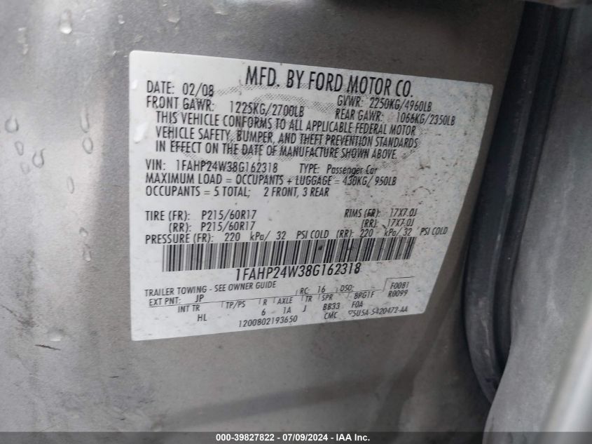 2008 Ford Taurus Sel VIN: 1FAHP24W38G162318 Lot: 39827822