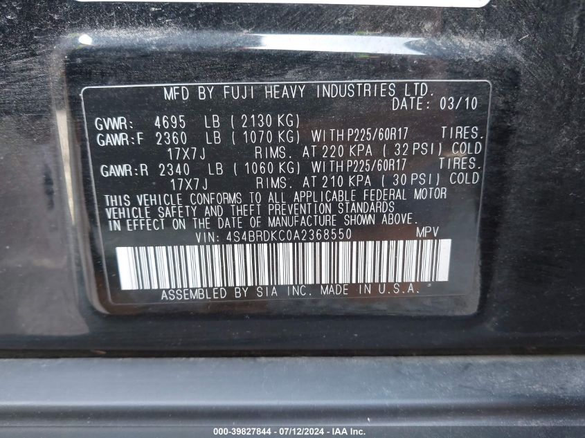 2010 Subaru Outback 3.6R Limited VIN: 4S4BRDKC0A2368550 Lot: 39827844