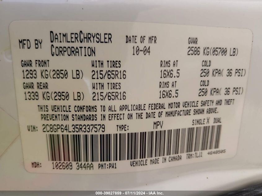 2005 Chrysler Town & Country Limited VIN: 2C8GP64L35R337579 Lot: 39827859