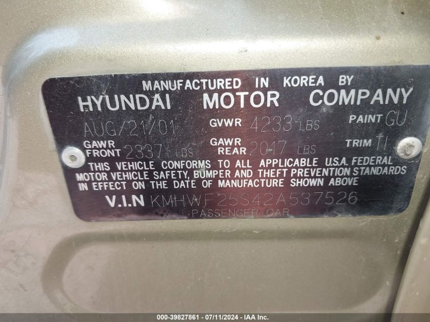 2002 Hyundai Sonata VIN: KMHWF25S42A537526 Lot: 39827861