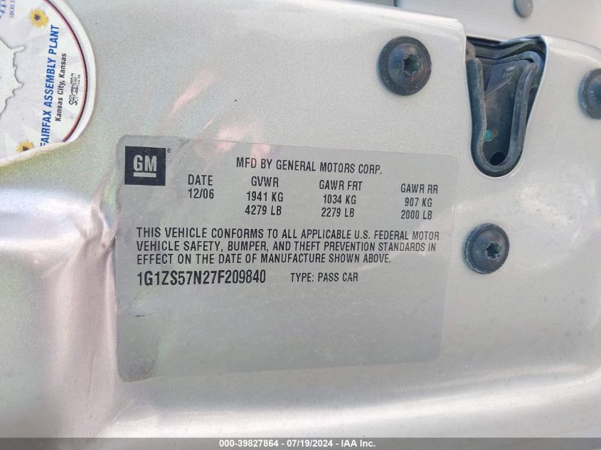 2007 Chevrolet Malibu Ls VIN: 1G1ZS57N27F209840 Lot: 39827864