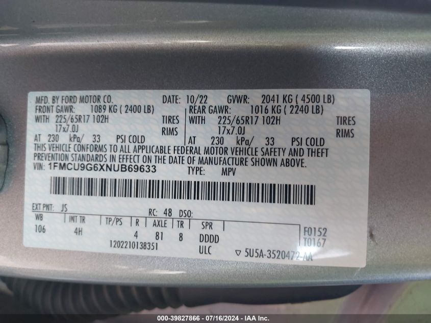 2022 Ford Escape Se VIN: 1FMCU9G6XNUB69633 Lot: 39827866