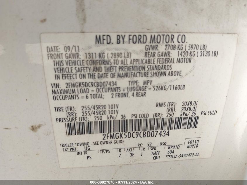 2012 Ford Flex Limited VIN: 2FMGK5DC9CBD07434 Lot: 39827870