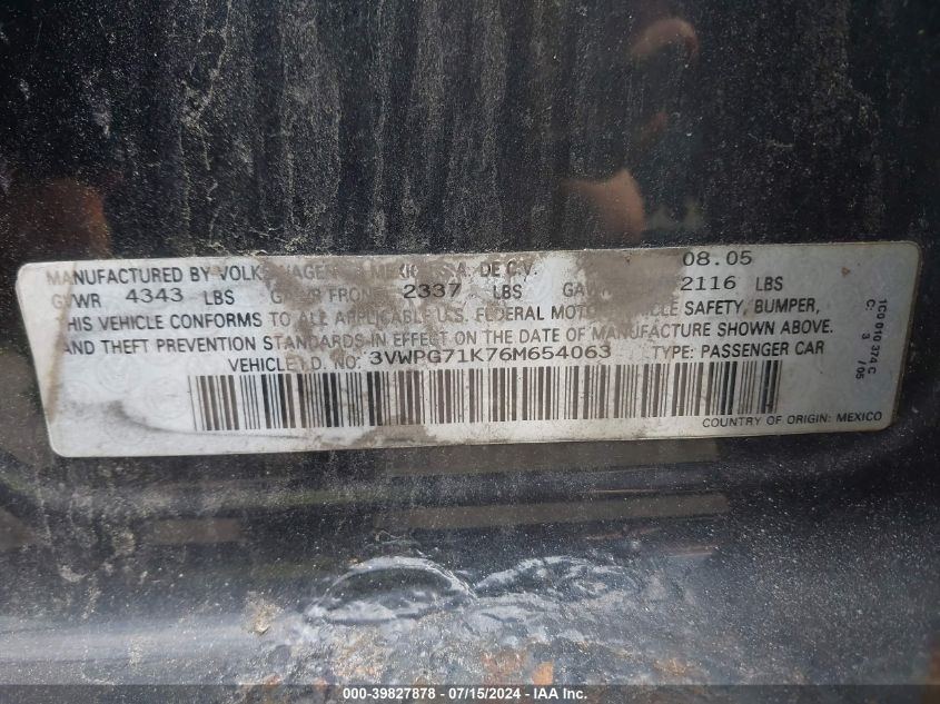 2006 Volkswagen Jetta Value Edition VIN: 3VWPG71K76M654063 Lot: 39827878