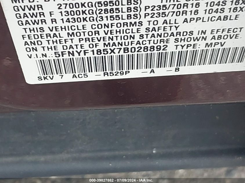 2007 Honda Pilot Ex-L VIN: 5FNYF185X7B028892 Lot: 39827882