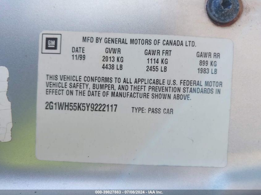 2000 Chevrolet Impala Ls VIN: 2G1WH55K5Y9222117 Lot: 39827883