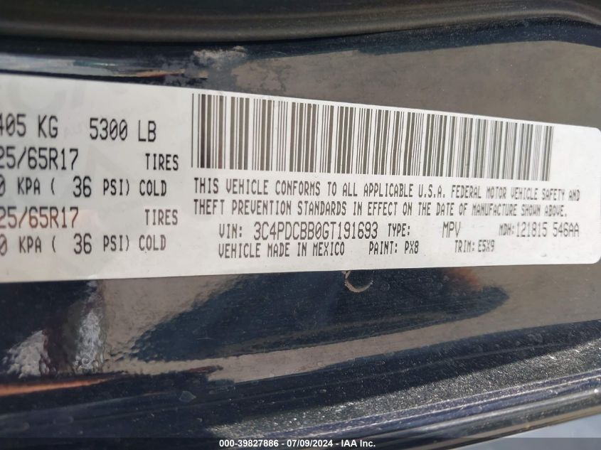 2016 Dodge Journey Sxt VIN: 3C4PDCBB0GT191693 Lot: 39827886