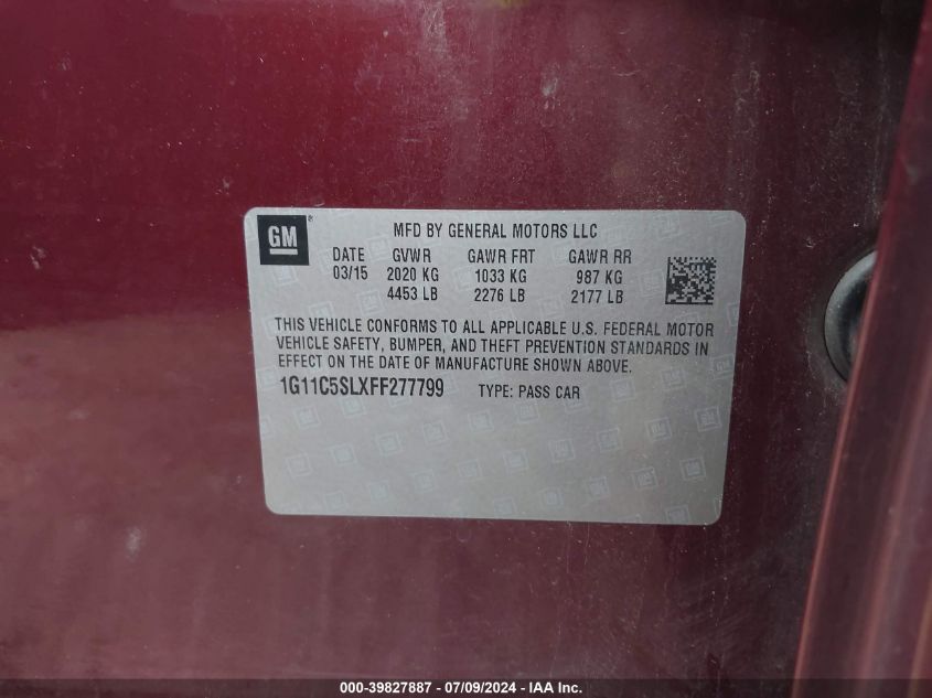 2015 Chevrolet Malibu 1Lt VIN: 1G11C5SLXFF277799 Lot: 39827887