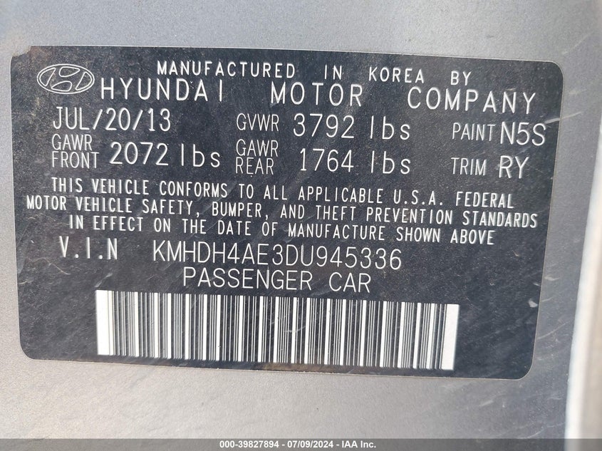 2013 Hyundai Elantra Limited VIN: KMHDH4AE3DU945336 Lot: 39827894