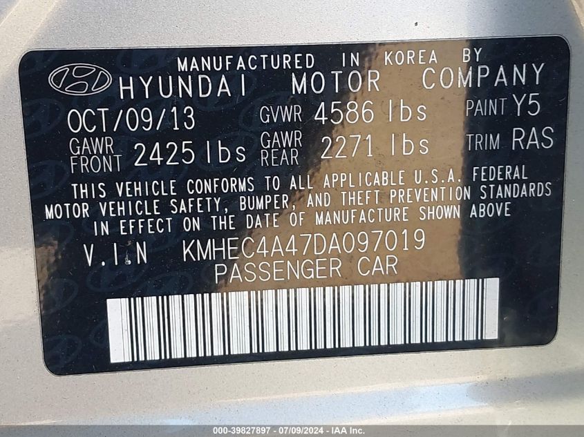 2013 Hyundai Sonata Hybrid Limited VIN: KMHEC4A47DA097019 Lot: 39827897