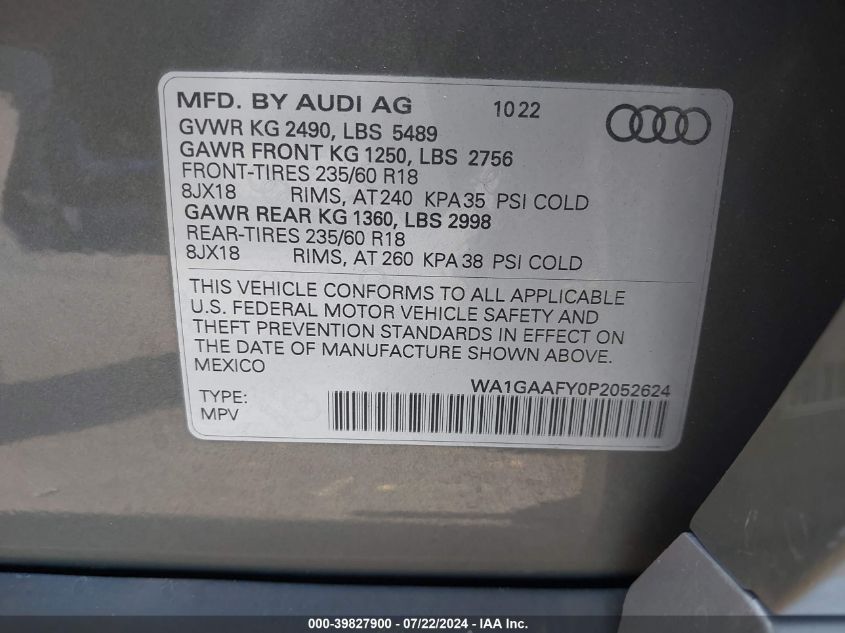 2023 Audi Q5 Premium 45 Tfsi S Line Quattro VIN: A1GAAFY0P2052624 Lot: 39827900