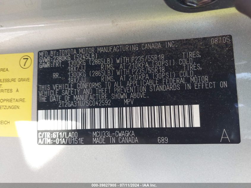 2005 Lexus Rx 330 VIN: 2T2GA31U75C042592 Lot: 39827905