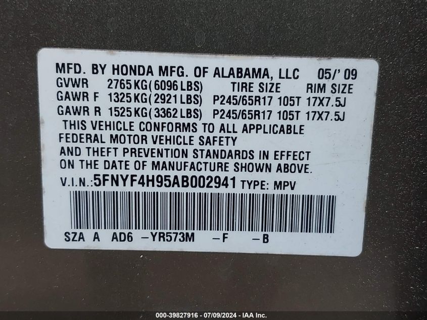 2010 Honda Pilot Touring VIN: 5FNYF4H95AB002941 Lot: 39827916