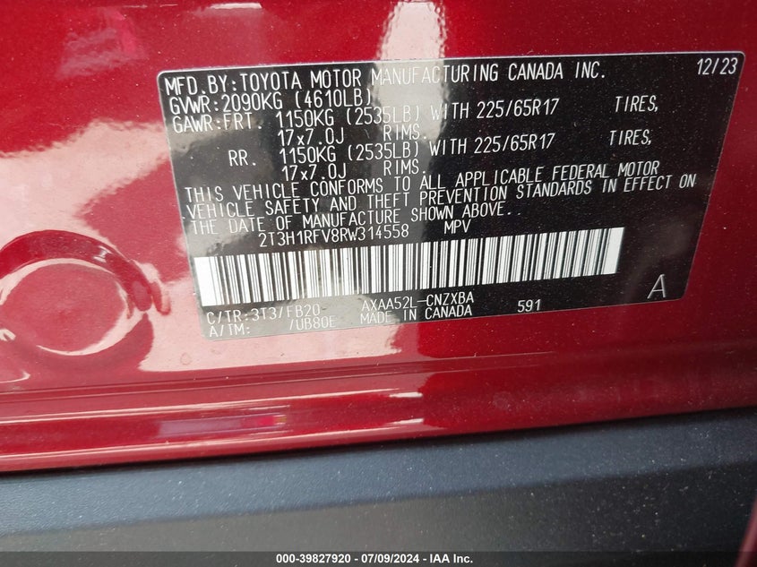 2024 TOYOTA RAV4 2.5L I4   N(VIN: 2T3H1RFV8RW314558