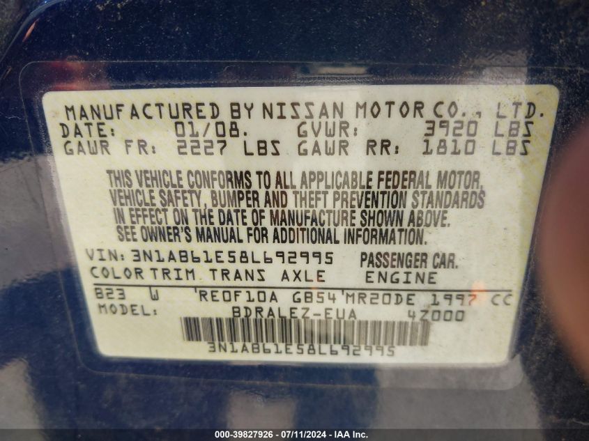 2008 Nissan Sentra 2.0 S VIN: 3N1AB61E58L692995 Lot: 39827926