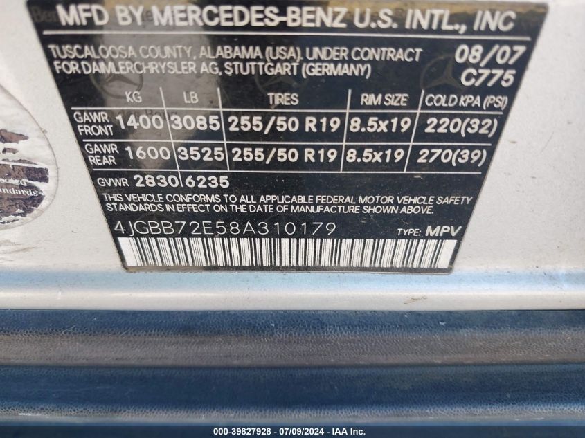 2008 Mercedes-Benz Ml 550 4Matic VIN: 4JGBB72E58A310179 Lot: 39827928