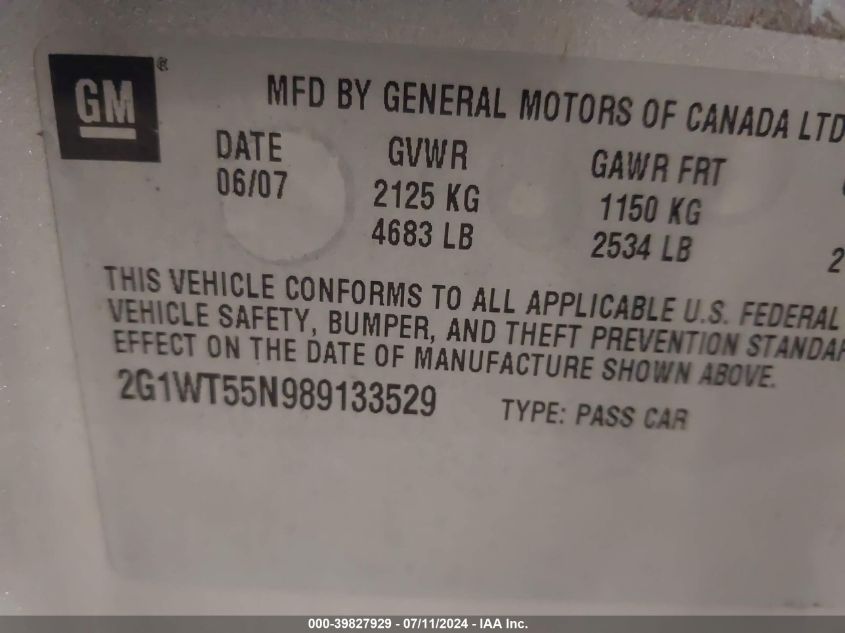 2008 Chevrolet Impala Lt VIN: 2G1WT55N989133529 Lot: 39827929