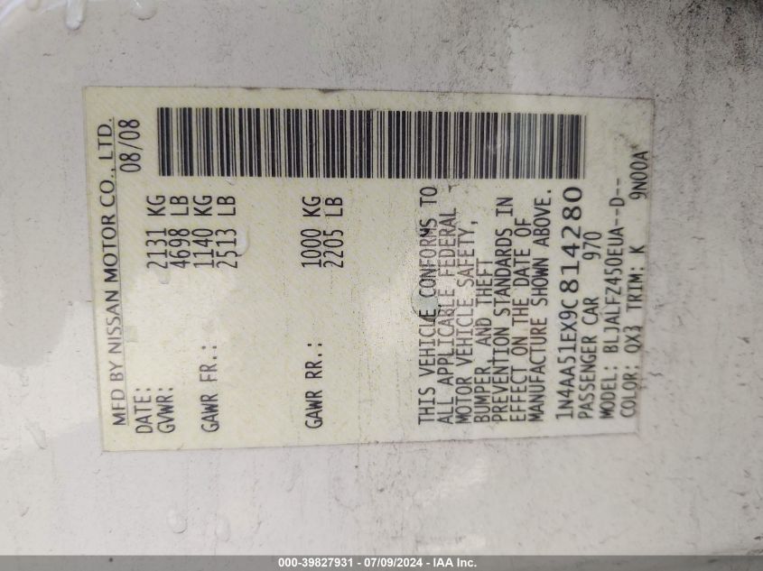 2009 Nissan Maxima 3.5 Sv VIN: 1N4AA51EX9C814280 Lot: 39827931