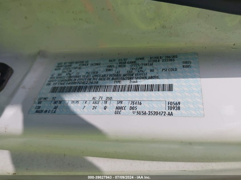 2007 Ford E-150 Commercial/Recreational VIN: 1FTNE14W67DB23638 Lot: 39827943