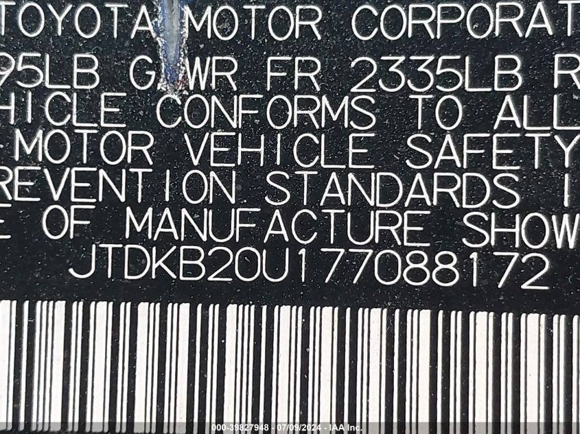 2007 Toyota Prius VIN: JTDKB20U177088172 Lot: 39827948