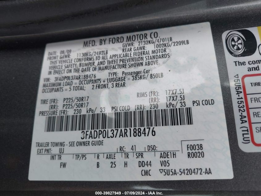 2010 Ford Fusion Hybrid VIN: 3FADP0L37AR188476 Lot: 39827949