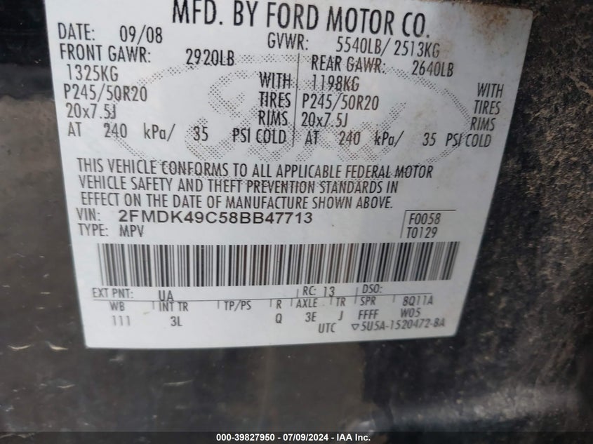 2008 Ford Edge Limited VIN: 2FMDK49C58BB47713 Lot: 39827950