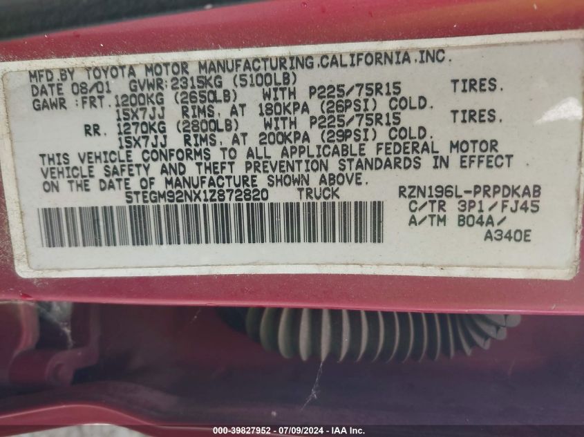 2001 Toyota Tacoma Prerunner VIN: 5TEGM92NX1Z872820 Lot: 39827952