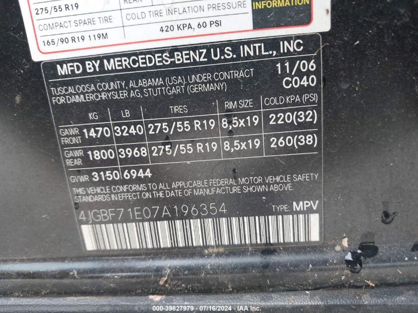 2007 Mercedes-Benz Gl 450 4Matic VIN: 4JGBF71E07A196354 Lot: 39827979