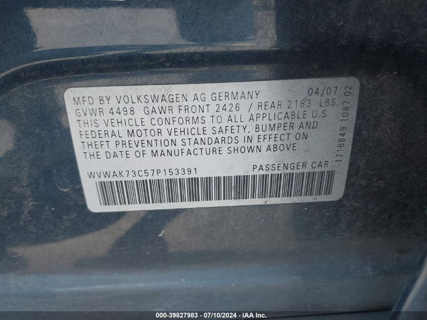 2007 Volkswagen Passat Wolfsburg Edition VIN: WVWAK73C57P153391 Lot: 39827983