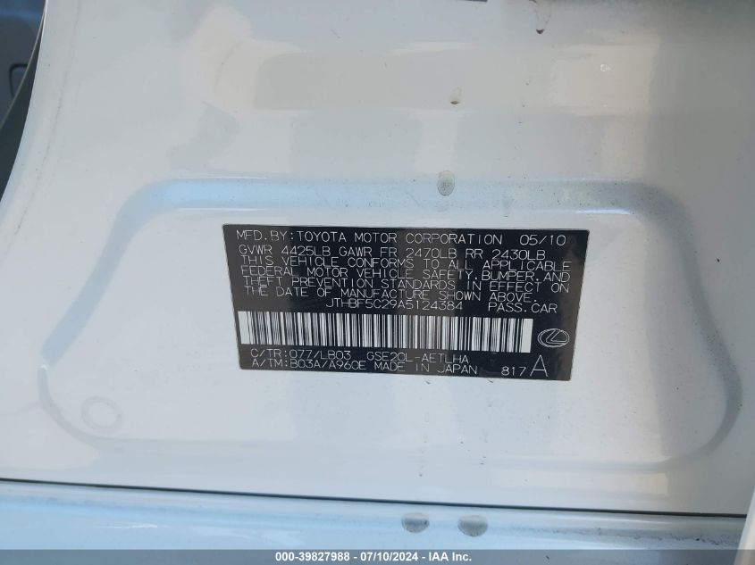 2010 Lexus Is 250 VIN: JTHBF5C29A5124384 Lot: 39827988