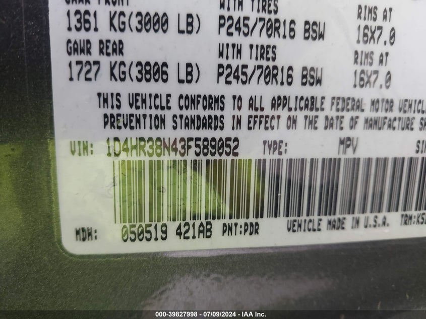 2003 Dodge Durango Sport/Sxt VIN: 1D4HR38N43F589052 Lot: 39827998