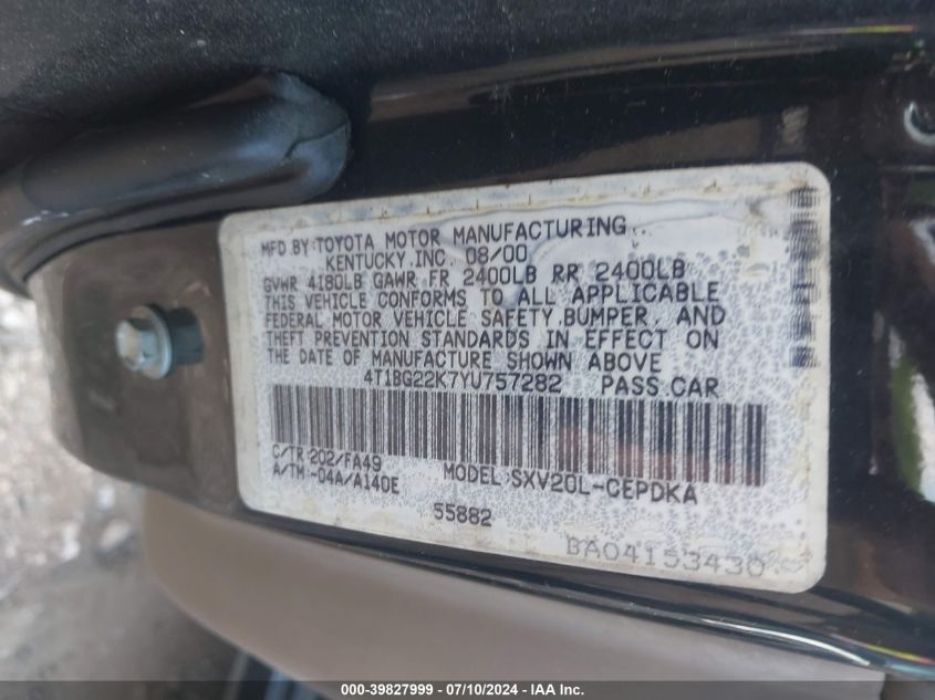 2000 Toyota Camry Ce VIN: 4T1BG22K7YU757282 Lot: 39827999