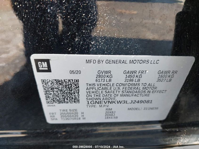 2020 Chevrolet Traverse Awd High Country VIN: 1GNEVNKW3LJ249081 Lot: 39828005