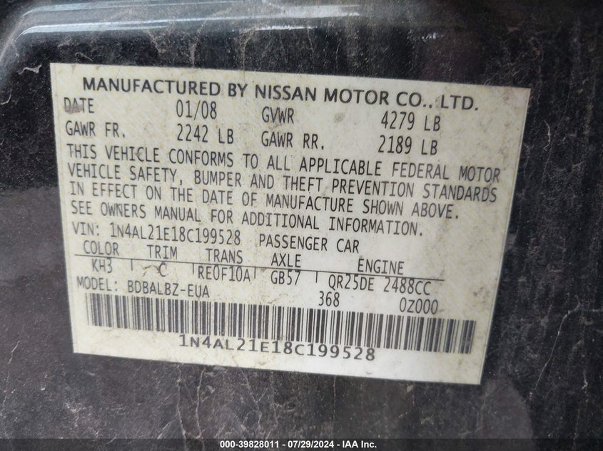 2008 Nissan Altima 2.5/2.5S VIN: 1N4AL21E18C199528 Lot: 39828011